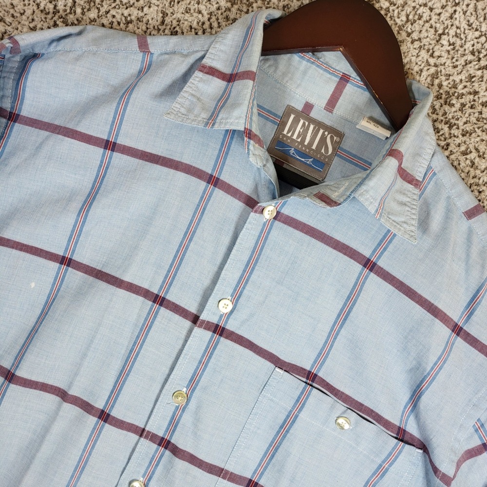 Vintage Levi's 1990 Western Shirt Mens L Blue Plaid Button Up‎ Long Sleeve